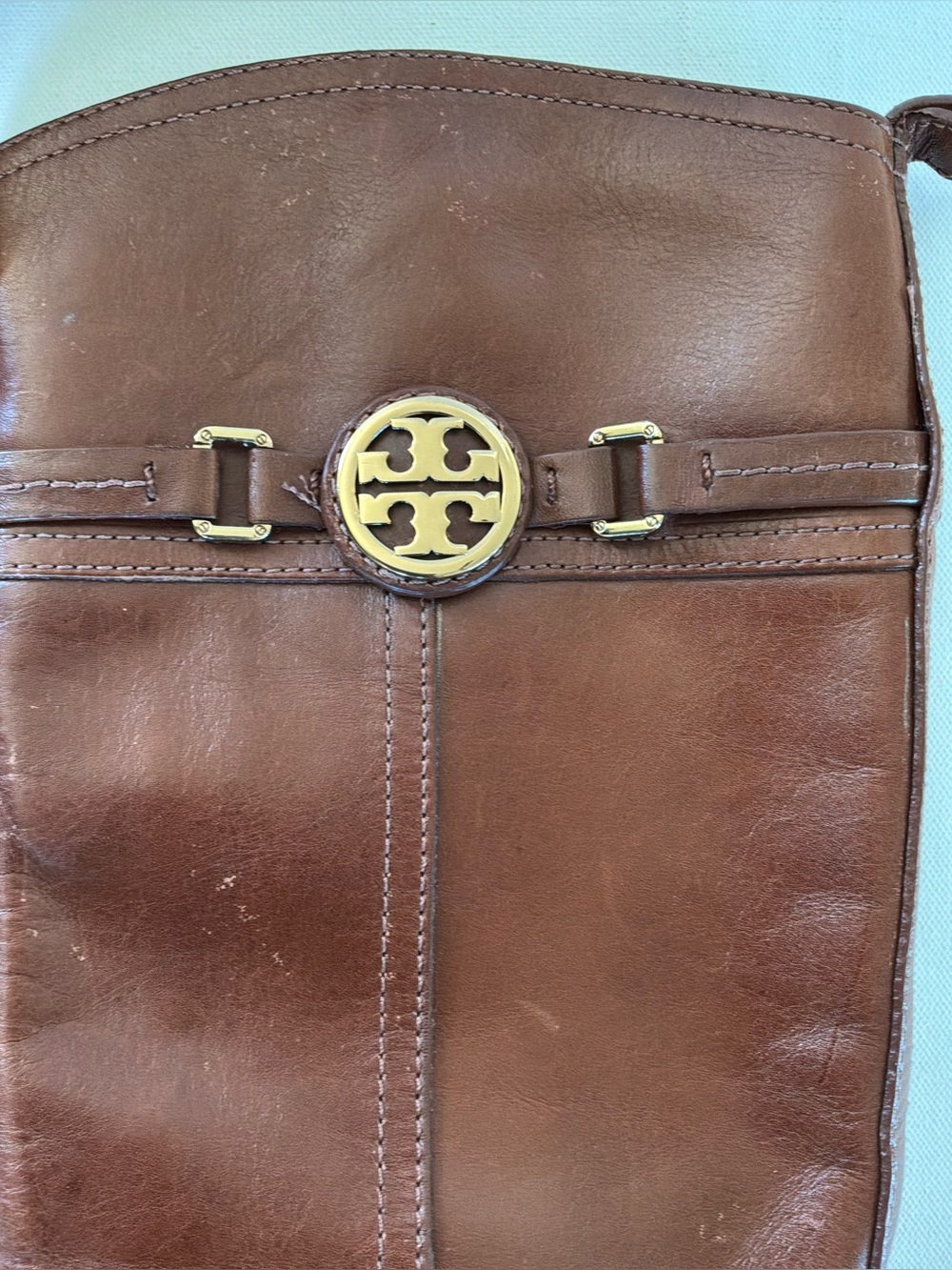 Tory Burch Brown Leather Riding Boots Gold Logo Medallion Size 8.5 M Brazil - Picture 5 of 13